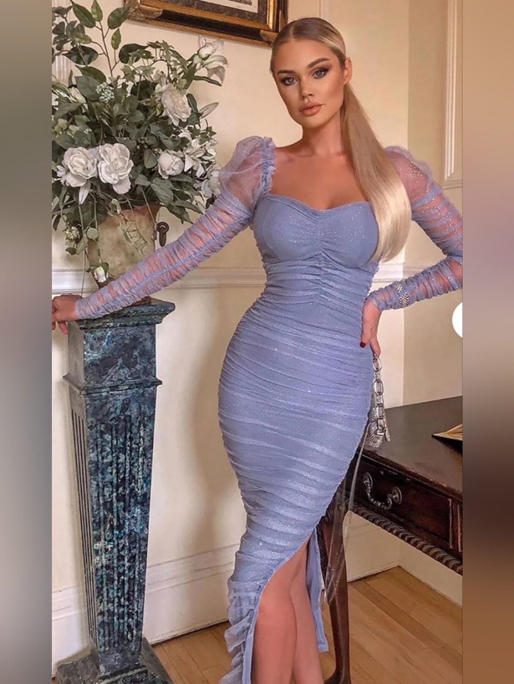 Fashion Nova Lavender Sheer Puff Sleeve Ruched Bodycon Dress